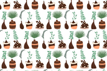 Clay vases with plants. Seamless Pattern. Minimalistic trendy style. Leaves, Palm leaves. Decorative, antique pottery vase. Scandinavian art with vases. Background