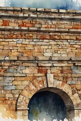 Close-up of textured stonework on an aqueduct in watercolor style