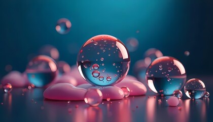 Transparent blue liquid in a glass shows round bubbles with light reflections, creating a macro abstract water drop effect