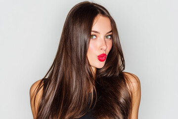 A modern digital artwork showcasing glamorous brunette posing in studio with sleek hair, ideal for creative, commercial, or editorial purposes.