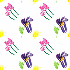 Children's drawing summer glade. Simple seamless pattern with the image of a yellow sun, a flower of purple aster and pink roses. Hand-drawn illustration on a white background for the design of fabric