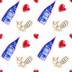 Pets. Simple seamless pattern with children's drawing of blue house with triangle roof, heart and striped cat. Colored hand-drawn illustration on white background for the design  children's clothes