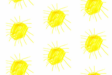 Children's drawing. Simple seamless pattern with the image of a yellow sun with rays in yellow marker by a child's hand. Illustration on a white background for the design of children's clothes