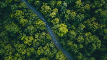 Aerial view of winding road through lush green summer forest trees eco way top path high drone image