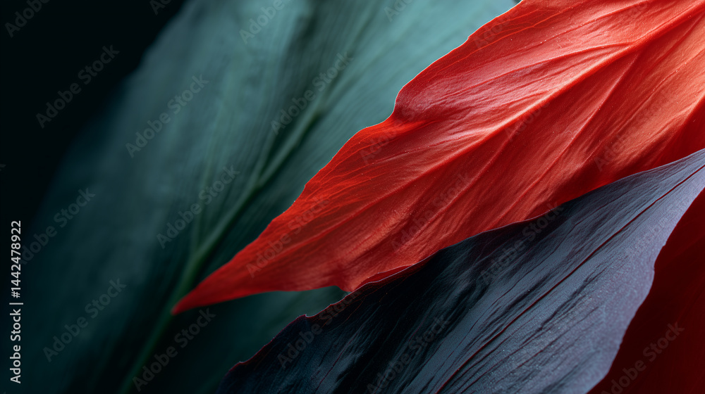 Poster vibrant macro shot of red and green leaves with bold contrast and texture