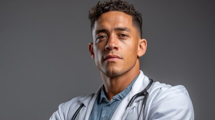 Obraz premium This young Hispanic man, dressed in a white coat, stands confidently with arms crossed, showcasing his commitment to the medical field. His expression reflects determination and hope