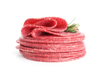Slices of tasty smoked sausage with rosemary isolated on white