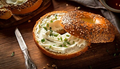 Halved Everything Bagel with Cream Cheese