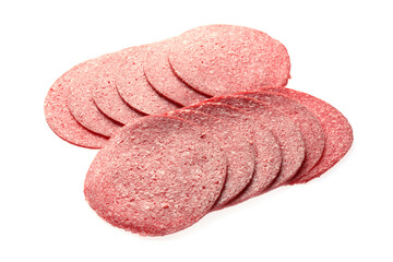 Slices of tasty smoked sausage isolated on white