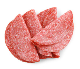 Slices of tasty smoked sausage isolated on white, top view