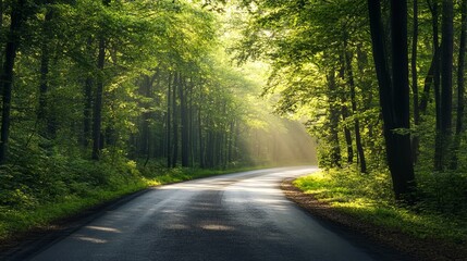 Naklejka premium Scenic winding road through lush green summer forest sunlight way path calm trees image drive rural