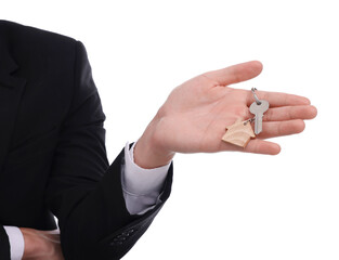Fototapeta premium Real estate agent with house key on white background, closeup