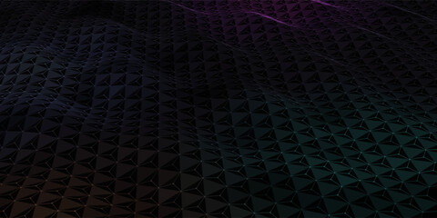 Naklejka premium Abstract background hexagonal wavy color grids with circles and triangles on black. Technology concept virtual data. Banner for business, science and technology data analytics. Big Data.
