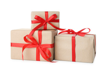 Many gift boxes wrapped in kraft paper isolated on white