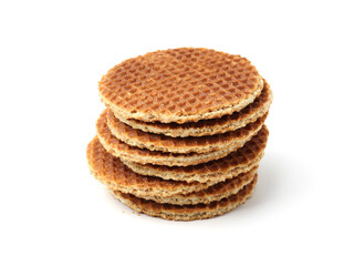 Stack of tasty round waffles isolated on white