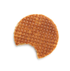 Bitten round waffle isolated on white, top view