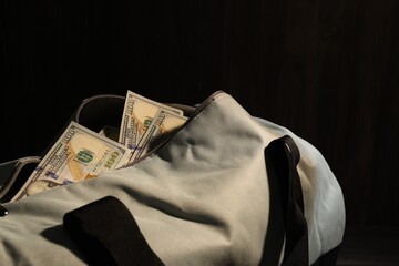 Bag with dollar banknotes on dark background, closeup