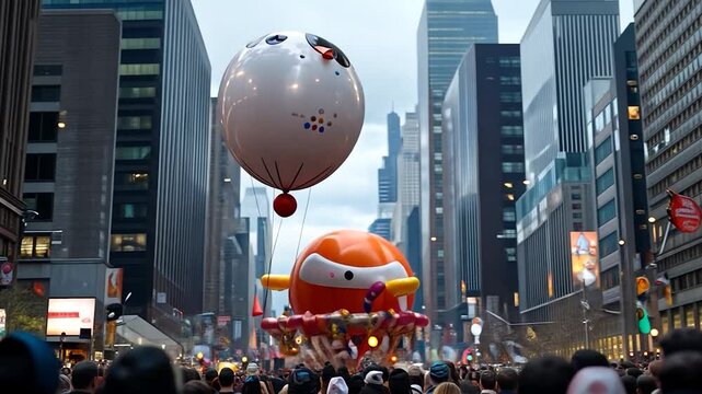 Video footage of a festive parade scene in a cityscape featuring large balloons floating above a dense crowd of people buildings in the background