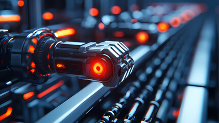 A robotic arm with glowing red lights operates on an advanced, futuristic assembly line in a high-tech industrial environment.