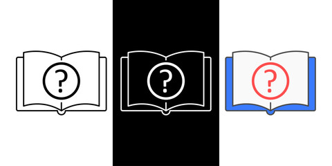 Question mark book icon symbolizing mystery, curiosity, and unsolved storylines, styled in outline, color, and dark mode variations.