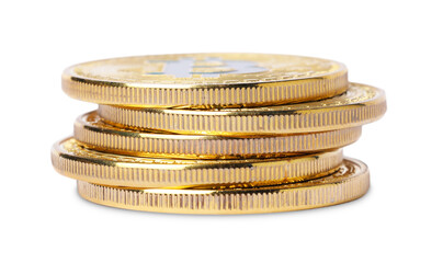 Cryptocurrency. Many golden bitcoins isolated on white