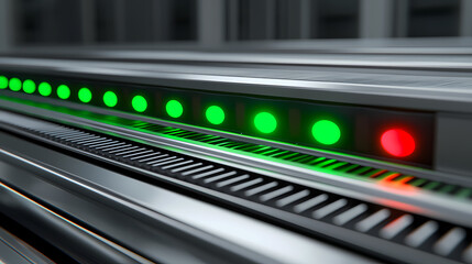 Obraz premium Close-up of server lights in a data center, showing green and one red indicator on metallic equipment.