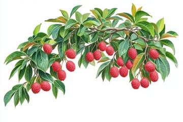 Obraz premium A vibrant illustration of a lychee branch adorned with ripe, red fruits and lush green leaves, showcasing the beauty of tropical flora against a clean white background