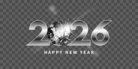 2025 and silver disco ball. Shiny sphere on transparency background with lens effect.