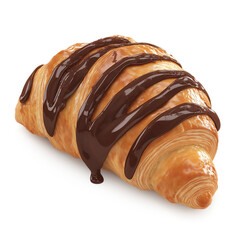 Croissant with chocolate drizzling on top, Isolated on white background. Fresh croissant with melted white and dark cholate. French dessert chocolate croissant isolated on white background. 