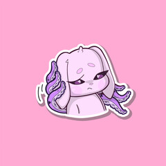 A surreal sticker. Pink bunny with octopus tentacles, wearing a skeptical or confused expression. The character stands against a neutral background, blending cute and bizarre elements