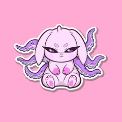 A sticker. Pink bunny with octopus tentacles growing from its back, standing against a neutral background. A surreal and whimsical character design.