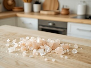 Himalayan Pink Salt Crystals on a Kitchen Table