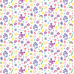 Pattern Children's pencil drawing background. Children's school pencil drawing. Girl with pigtails, boy, rainbow sun, swirls, butterflies, tic tac toe, red heart. Vector illustration