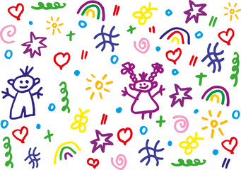 Children's pencil drawing background. Children's school pencil drawing. Girl with pigtails, boy, rainbow sun, swirls, butterflies, tic tac toe, red heart. Vector illustration of children's sketch. 