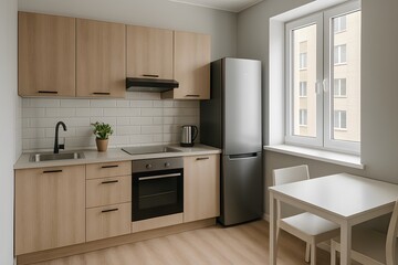 Small modern kitchen apartment building. Modern kitchen interior