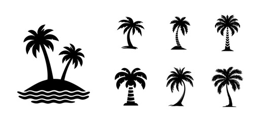 Seven palm tree icons including island silhouettes and stylized tropical trees with curved trunks