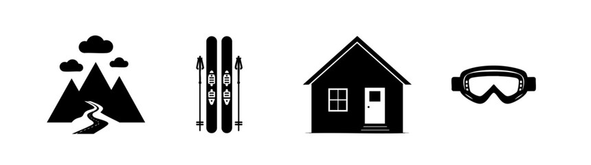 Minimalist black icons of a mountain trail, ski equipment, a cabin, and snow goggles on white