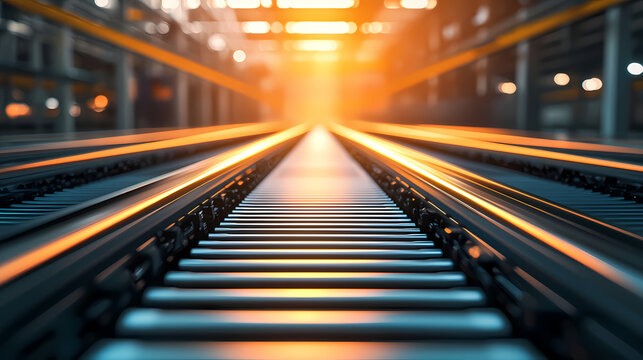 A under 200 characters: Parallel conveyor belts in a brightly lit industrial facility, with warm sunlight streaming through, creating a futuristic and dynamic atmosphere.
