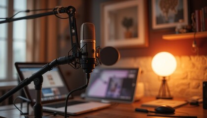 A cozy workspace with a microphone, laptop, and a glowing lamp, suggesting a podcast or recording setup