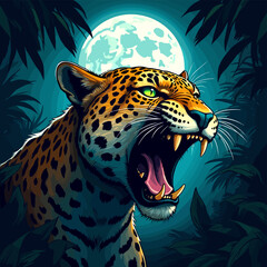 Roaring Leopard Under Moonlight