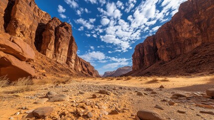 Fototapeta premium Dramatic canyon landscape displays towering rock formations with open sky