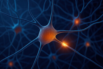 Glowing neuron network with highlighted synapses, illustrating neural connections and brain activity