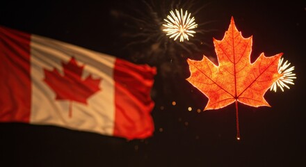 Canada Day Celebration: Fireworks, Flag and Maple Leaf Illuminating the Night Sky