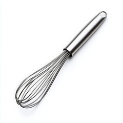 A sleek stainless steel whisk with a modern design, elegantly positioned on a clean white background, ideal for kitchenware advertising or culinary blogs