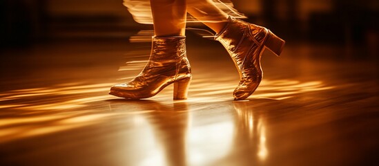 Woman's legs in gold boots dancing on a shiny floor.