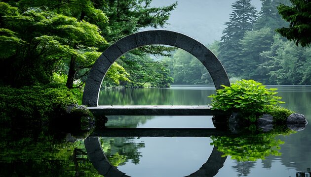 Tranquil archway over serene lake, surrounded by lush greenery - Powered by Adobe