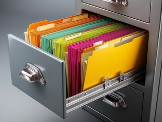 Colorful File Folders in Open Metal Cabinet Drawer Organizing Papers