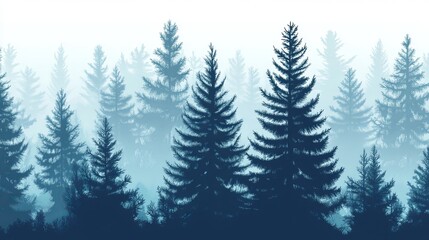 Serene blue misty forest landscape with tall evergreen trees fog sky art pine calm cold view woods