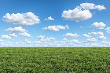 Lush green field under a vibrant blue sky dotted with fluffy white clouds