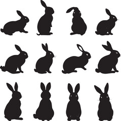 Fototapeta premium Rabbit Silhouettes Collection – Black and White Minimalist Bunny Poses and Vector Animal Outline Designs